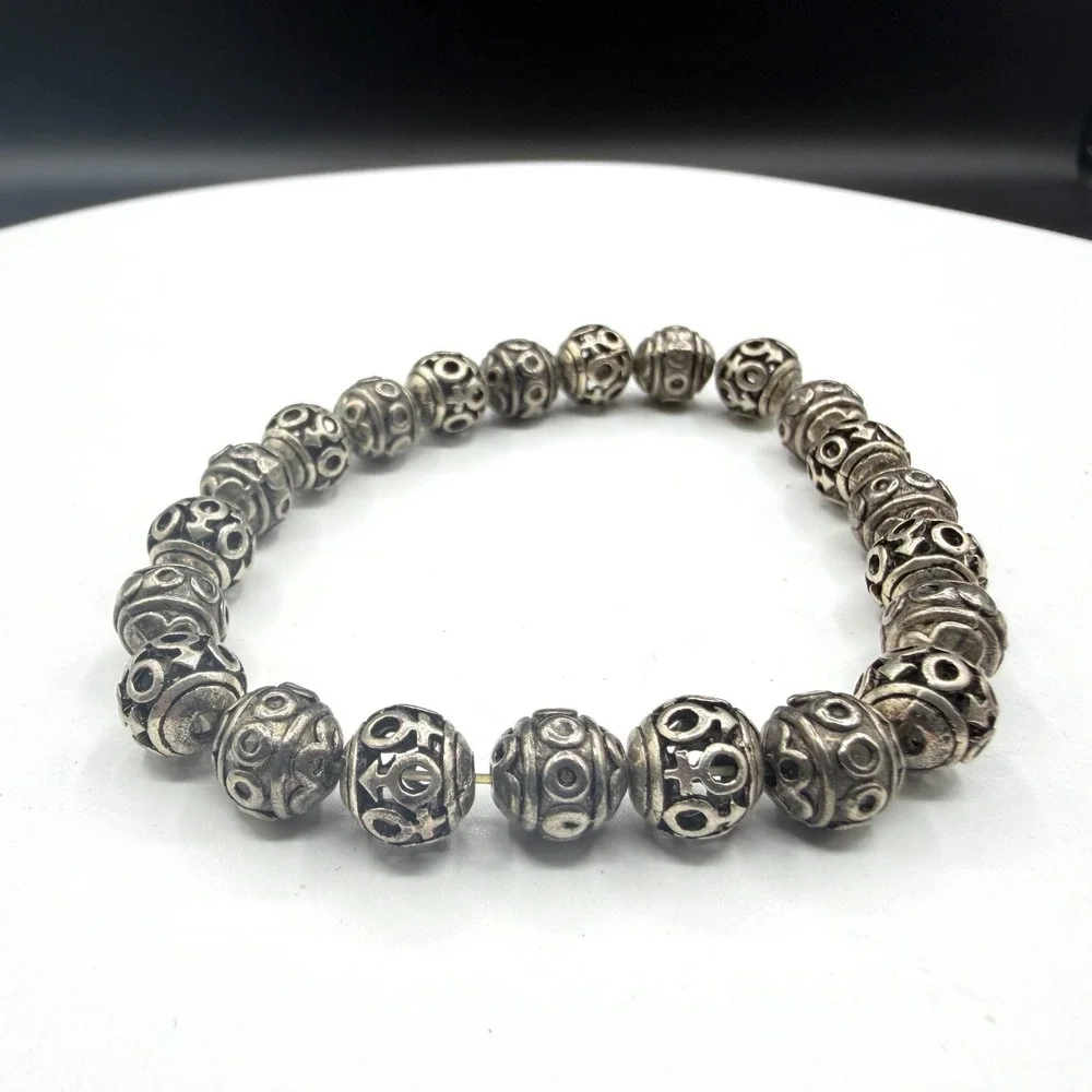 Silver Tone Ornate Beaded Stretch Bracelet Boho Statement Stackable Gift Fashion